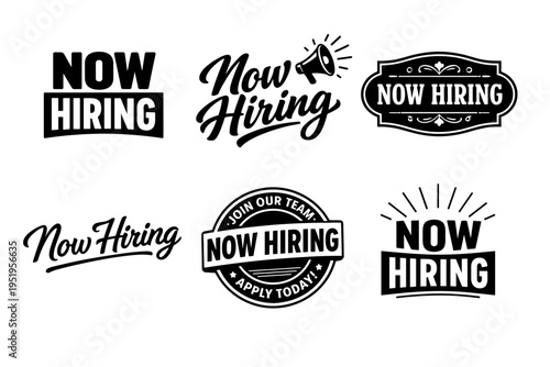 Stylish now hiring designs with bold typography and megaphone icon