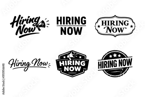 Variety of hiring now logos in black and white for recruitment marketing