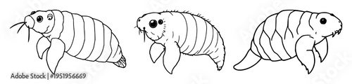 Microscopic tardigrade set with fine line art featuring biology detail, elegant thin lines, minimalist outline with illustration and vector