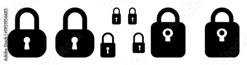 Padlock set with two flat black silhouettes side-by-side on a light gray background featuring black and white, minimalist, bold lines with lock and unlock