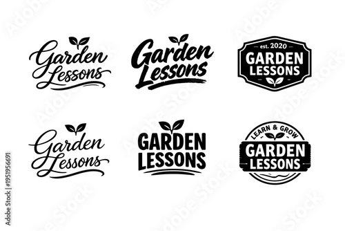 Garden lessons logo variations with leaf elements and script fonts