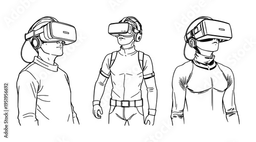 VR bodysuit set with continuous line drawing featuring continuous line, immersive gaming, black outline with VR and isolated