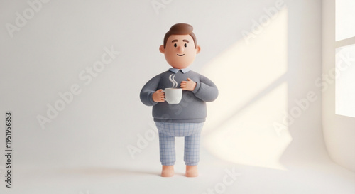 A cartoon man holding a steaming cup of coffee in a minimalist room with natural light