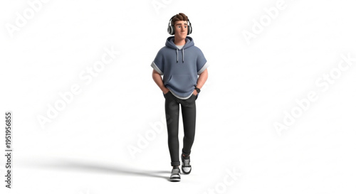 A young man wearing headphones and walking with his hands in his pockets on a white background
