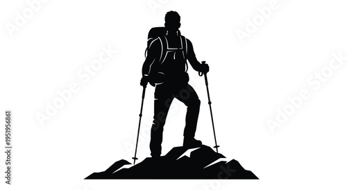 Vector silhouette of a hiker on a mountain peak