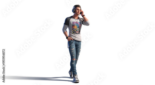 A young man wearing headphones and talking on the phone while walking