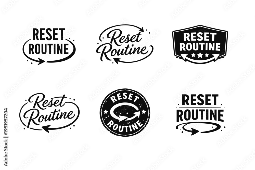 Fototapeta premium Collection of black and white reset routine logos with arrows and stars