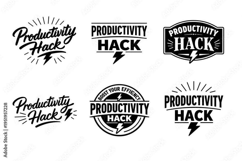 Fototapeta premium Collection of productivity hack logos with lightning bolt designs