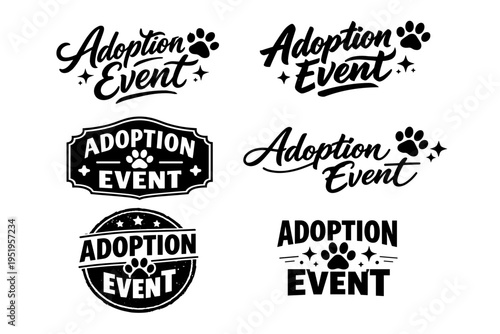 Adoption event logos with paw prints and decorative fonts