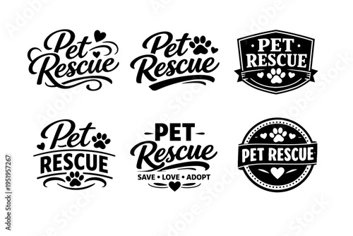 Pet rescue logos: heart and paw design variations