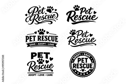 Pet rescue logos collection featuring paw prints and heart motifs