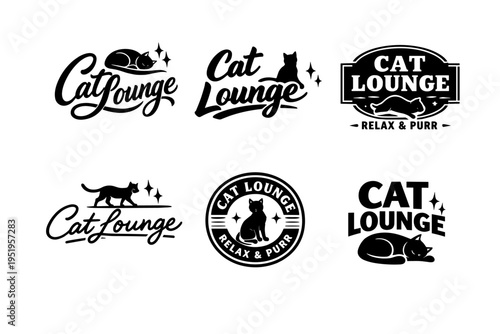 Cat lounge logos with silhouette designs and relaxation themes