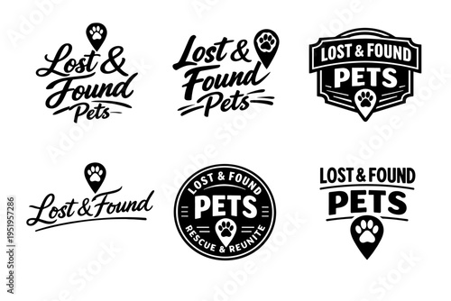 Lost and found pets badges with paw print icons and location markers