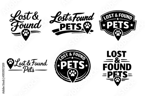 Lost and found pets logos collection with paw iconography