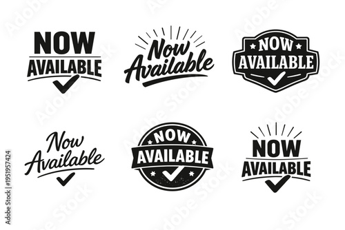 Set of now available labels with checkmark designs in black and white