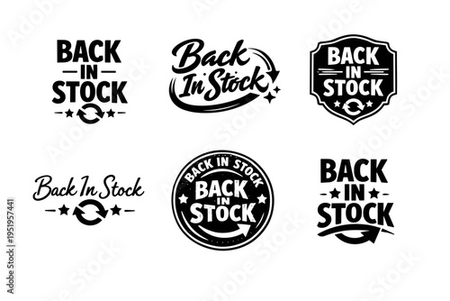 Back in stock badge designs with stars and arrows in black and white