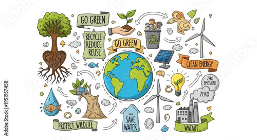 Ecological Doodle Collection - Earth, Trees, Windmills, and Recycling.