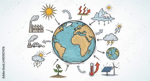 Earths Climate Change and Environmental Impact Illustration.