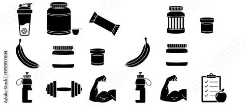 Comprehensive collection of fitness and nutrition icons, perfect for representing healthy lifestyle, gym training, and dietary supplements