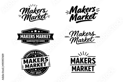 Vintage-style makers market logos designs featuring handcrafted elements
