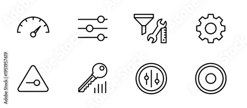 Collection of detailed line art icons representing various concept words such as settings, tools, and system controls