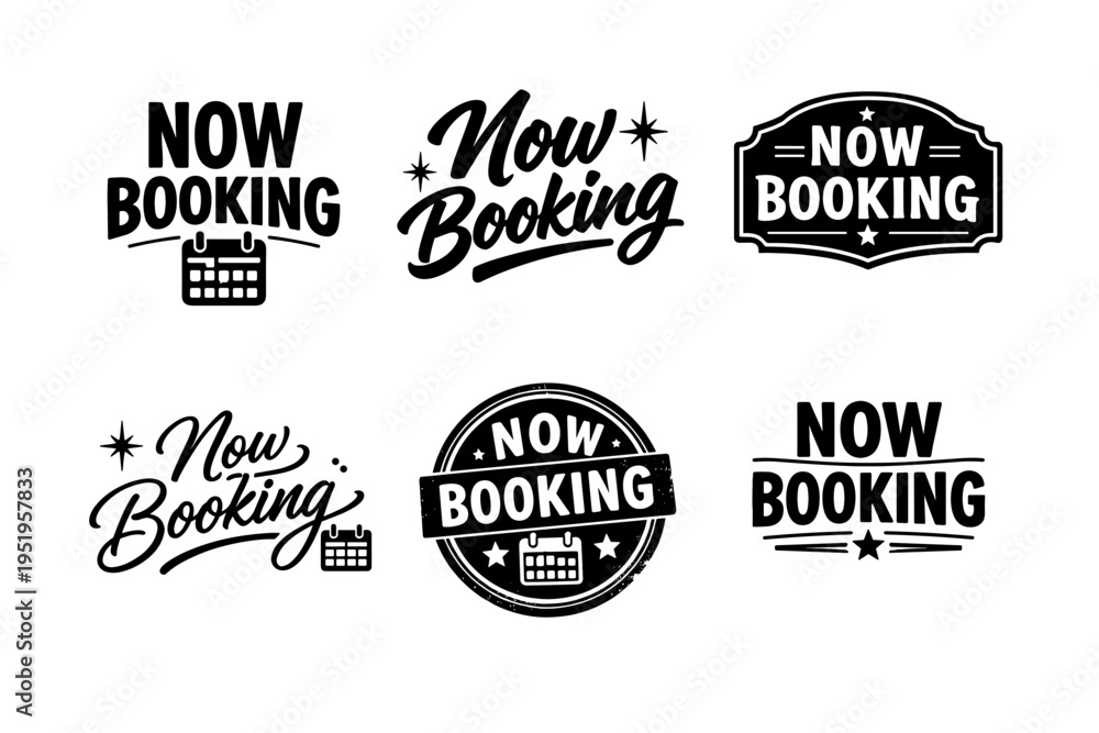 Fototapeta premium Now booking logos set with calendar icons and decorative elements