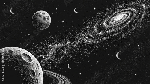 Detailed Cosmic Illustration Depicting Distant Planets, Moons, and a Majestic Spiral Galaxy in the Vast Expanse of Outer Space