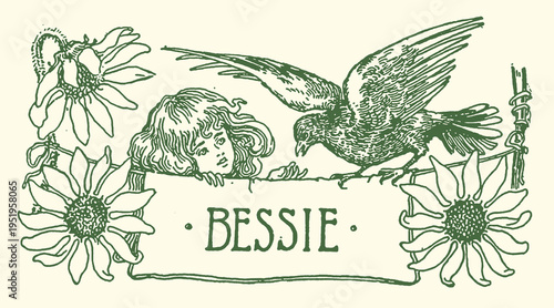 Whimsical vector graphic illustration of a child's head peeking over a "BESSIE" banner, a bird perched nearby, elegantly framed by intricate sunflower designs.