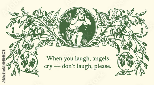 Classic vector graphic illustration featuring a sorrowful cherub surrounded by a delicate floral border, conveying a poignant message of emotional depth and nostalgic artistic design.