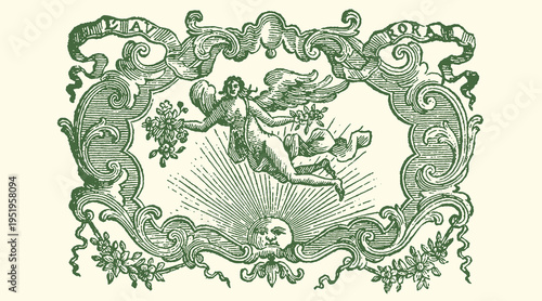 Antique green vector illustration featuring a winged classical figure emerging above a stylized sun within an ornate baroque cartouche design