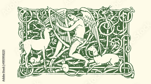 Ancient mythological winged figure playing a stringed harp illustration surrounded by charming forest animals within an ornate decorative border design