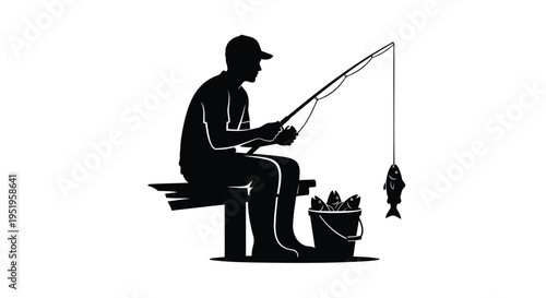 Vector silhouette of man fishing with bucket