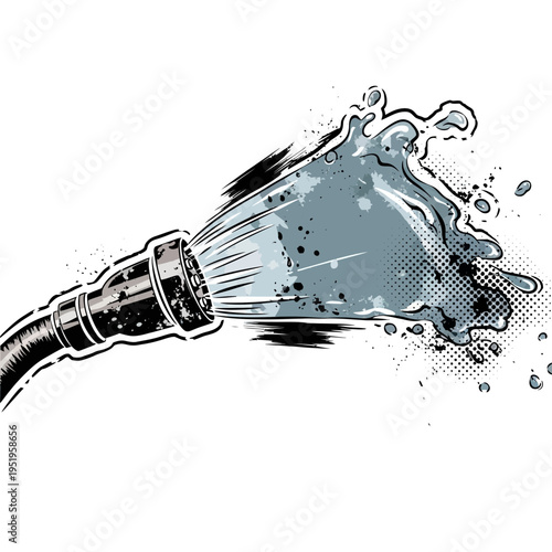 Water splashing from garden hose nozzle, dynamic motion, graphic illustration