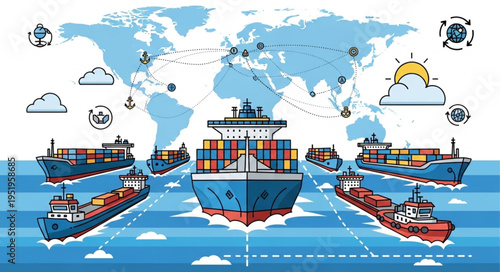Global Maritime Trade - A Fleet of Cargo Ships Navigating the Worlds Oceans.