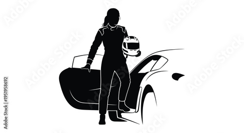 Vector silhouette of woman with racing helmet standing beside car