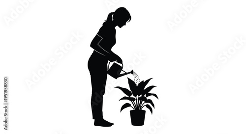 Black silhouette of woman watering potted plant vector