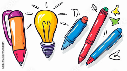 Colorful illustrated image of office supplies, including pens, markers, and an illuminated lightbulb