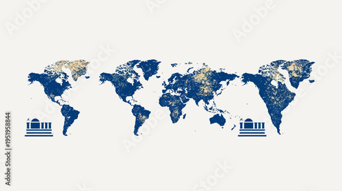 A global map with a textured representation and two building icons in a simple graphic