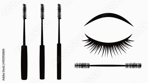 A monochrome illustration depicting mascara wands, an eye with lashes, and an eyebrow