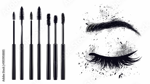 Black and white illustration with mascara applicators and a stylized eye with lashes and brow