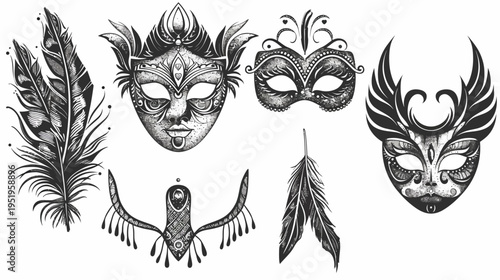 Black and white illustrations of carnival masks and feathers against a white background
