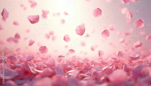 Soft pink and purple rose petals fall gently creating a dreamy atmosphere. Delicate floral elements scatter across a soft background, perfect for romantic designs or spring themes.