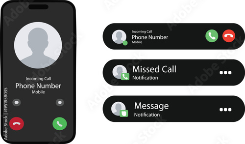 Mobile Call Interface UI Components Set, Smartphone Calling Screen Elements Vector Kit with live preview controls notification center alerts 