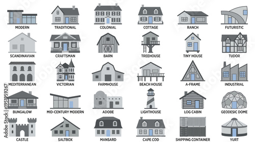 Collection of various house styles and buildings.