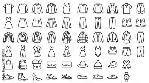 Collection of various clothing and accessories icons.