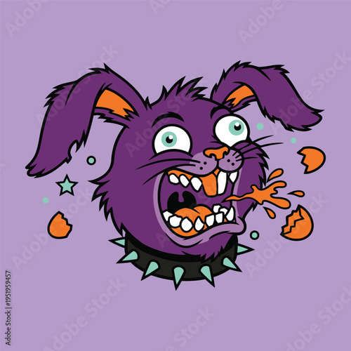 Crazy Purple Rabbit Mascot With Spiked Collar Spitting Orange Egg