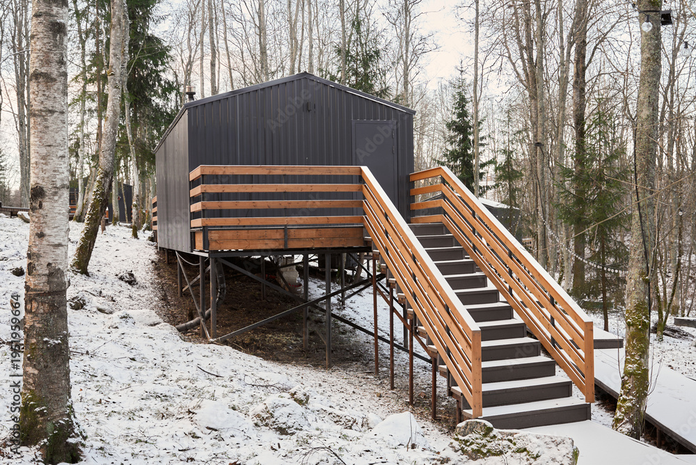 Obraz premium Snowcovered steps rise towards inviting cabin entrance amidst trees