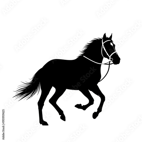 A black silhouette of a horse running with a bridle on a white background