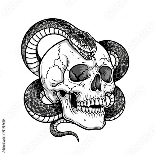 A black and white illustration of a snake wrapped around a skull