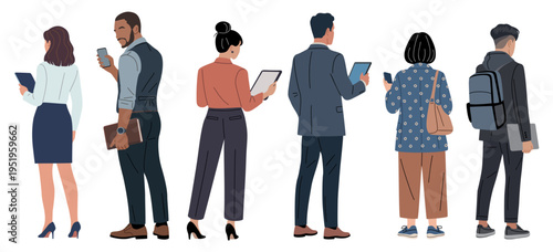 Set of diverse professionals seen from behind using smartphones, tablets and laptop, Flat vector illustration isolated on transparent background, representing modern digital lifestyle and work.